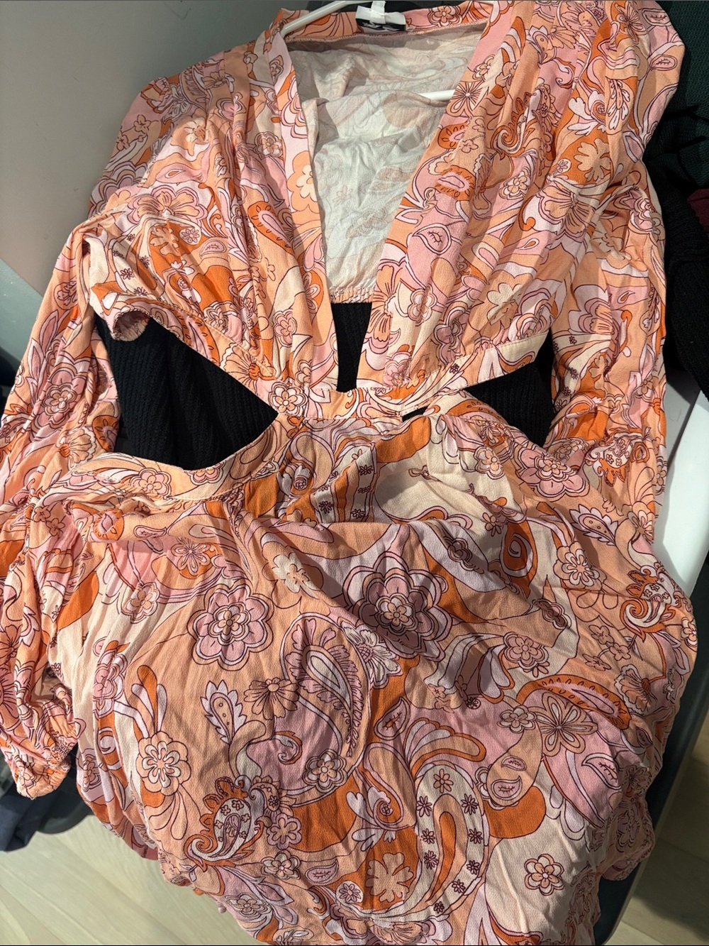 Floral Paisley Cutout Mini Dress in Peach Pink